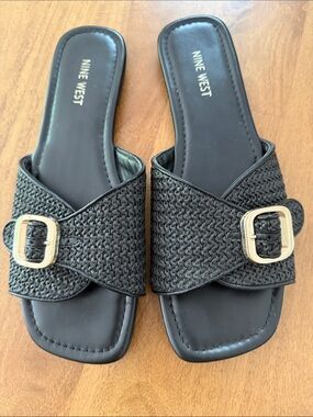 Nine West Black Woven Slide Sandals with Gold Buckles